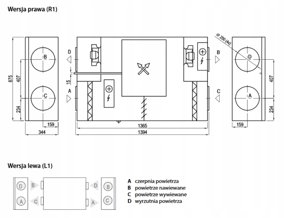 Rekuperator podwieszany DOMEKT CF 700 F C6 720m3/h Rodzaj rekuperator