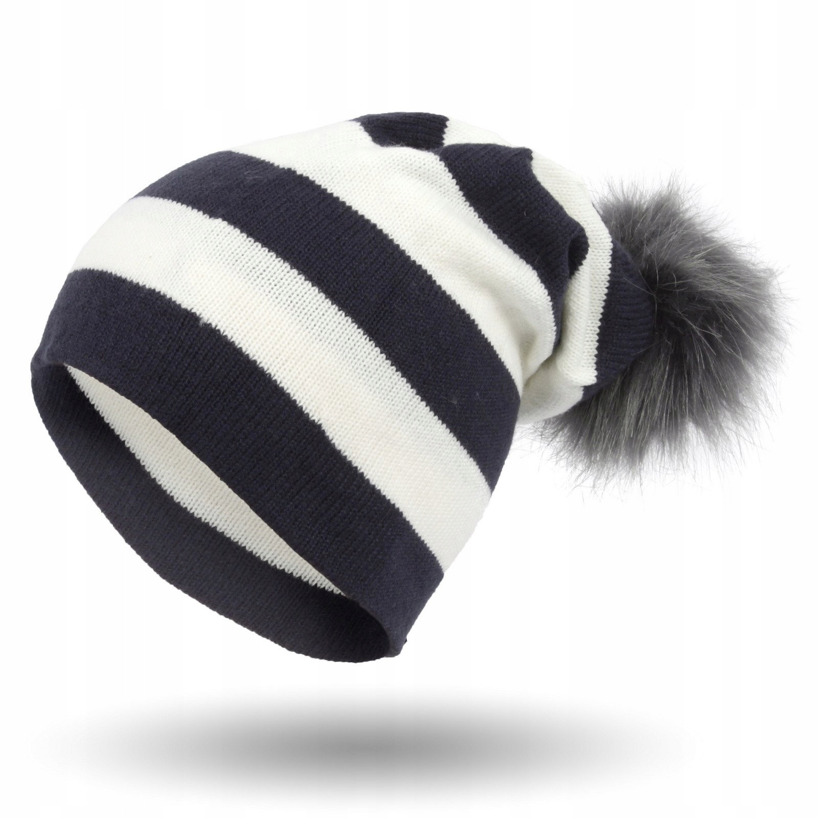 

W333A Beanie Damska Czapka Z Dzianiny Pompon Paski