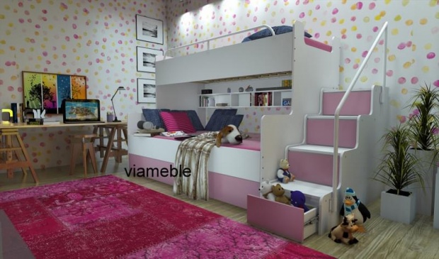ŁÓŻKO PIĘTROWE DLA DZIECI 3 OSOBOWE JIM ZE SCHODAMI DLA DZIEWCZYNEK Marka Remax