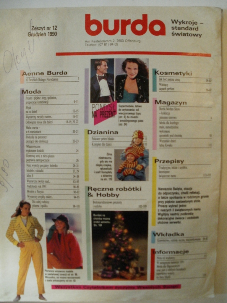 BURDA MODA rocznik 1990 Nr 12 GRUDZIEŃ + wykroje Język publikacji polski