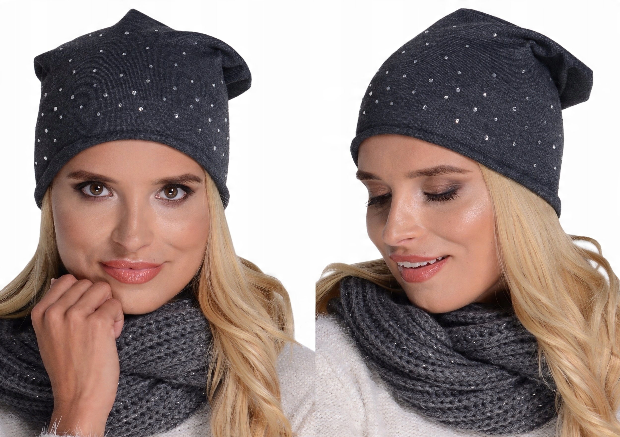

Modna Czapka Beanie z Cyrkoniami Jesień Grafit