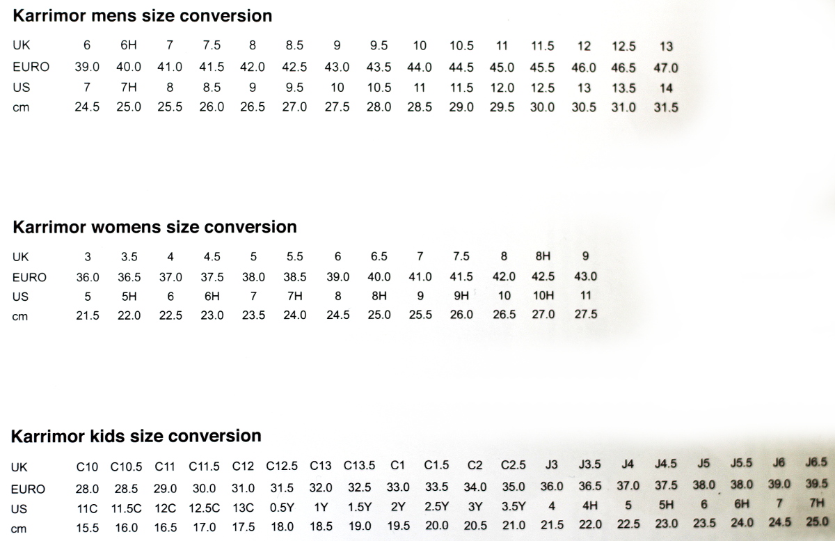 karrimor shoe size chart cm