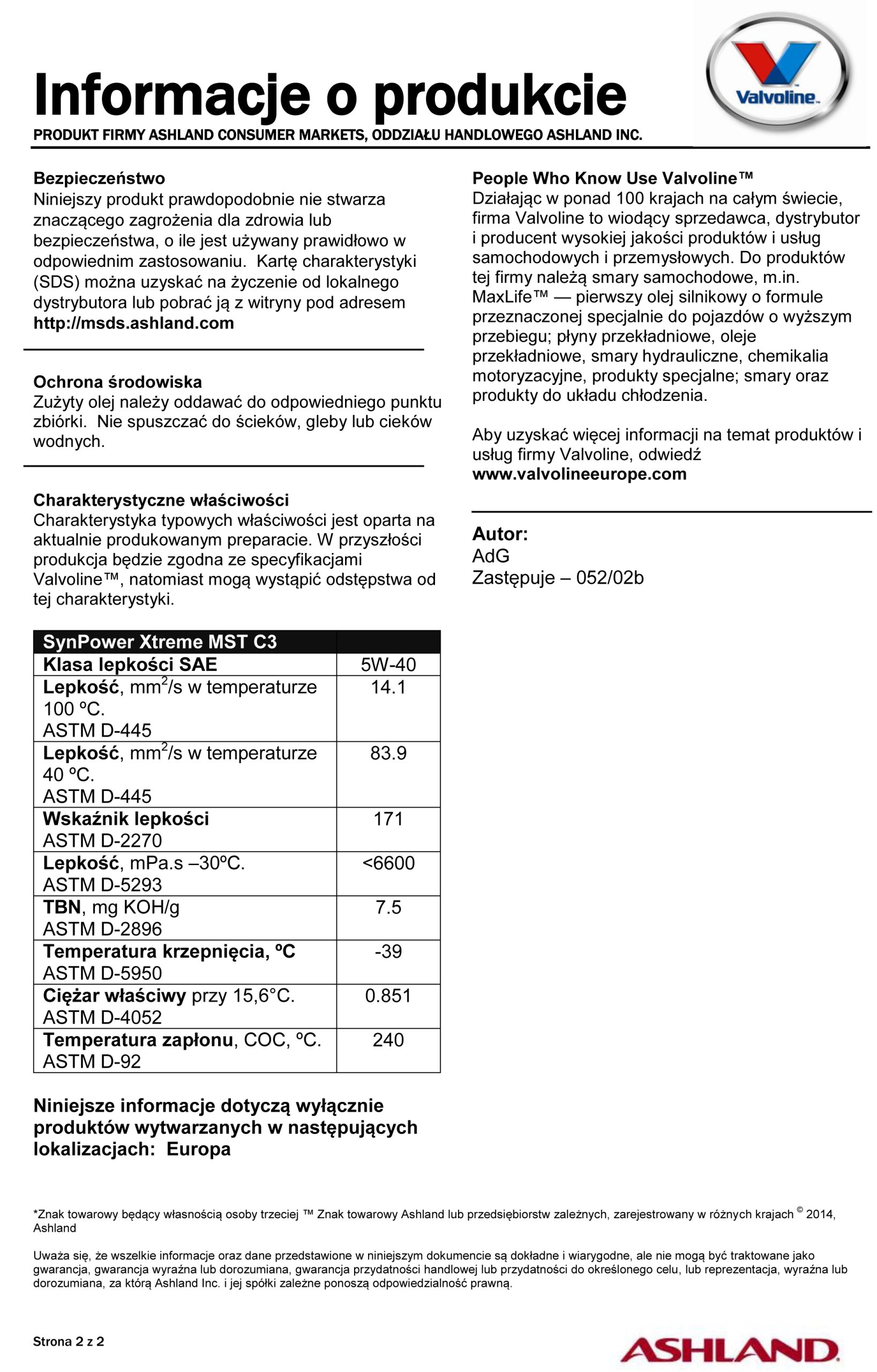 VALVOLINE SYNPOWER MST C3 5W40 7L - MYSZKÓW Producent Valvoline