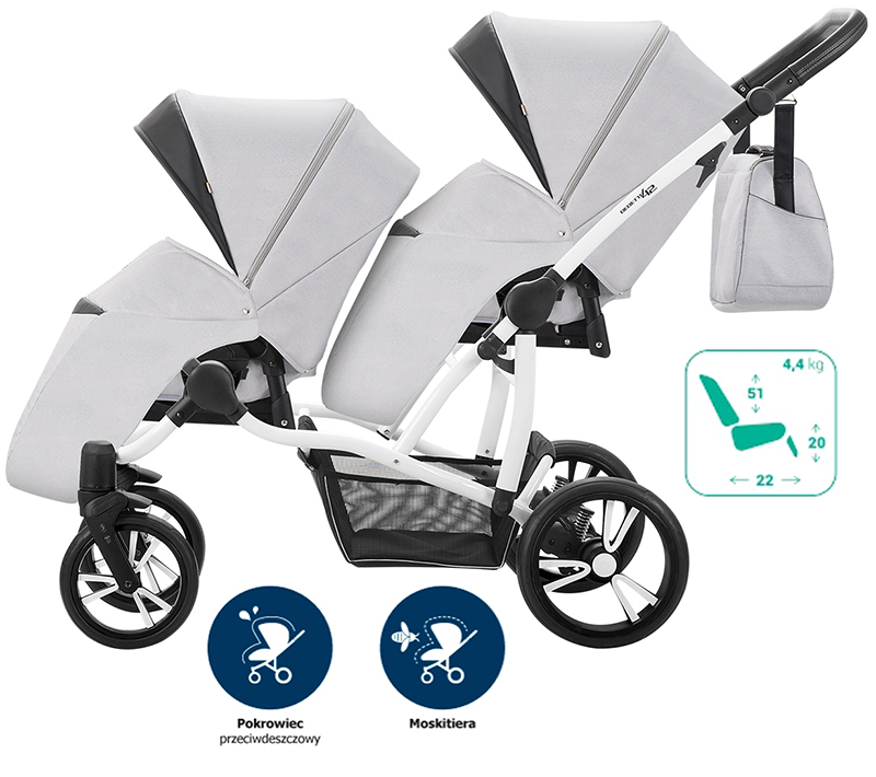 WÓZEK BEBETTO BLIŹNIAK 42 CYBEX ATON 5 BAZA IZOFIX Akcesoria w zestawie Adaptery do fotelika Folia przeciwdeszczowa Materac Moskitiera Osłona na nóżki Pokrowce na koła Torba do wózka Uchwyt na kubek