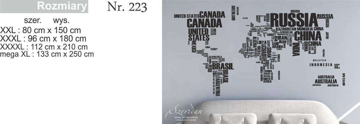 NAKLEJKA NA ŚCIANĘ MAPA ŚWIATA NAZWY PAŃSTW XXXL Motyw Dekor Nowoczesne