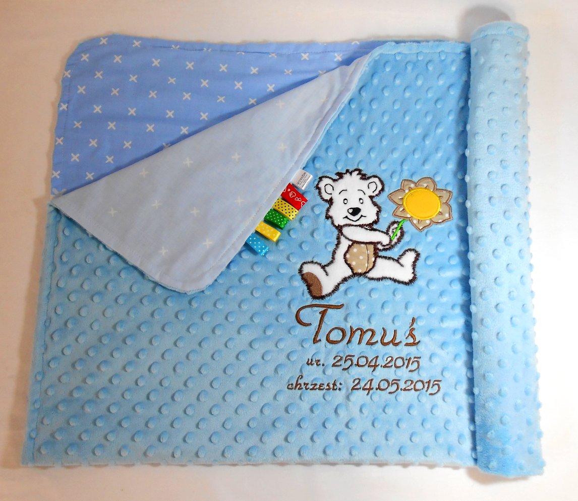 ! Kocyk MINKY z imieniem i metryczką DUŻY HAFT koc Szerokość produktu 75 cm