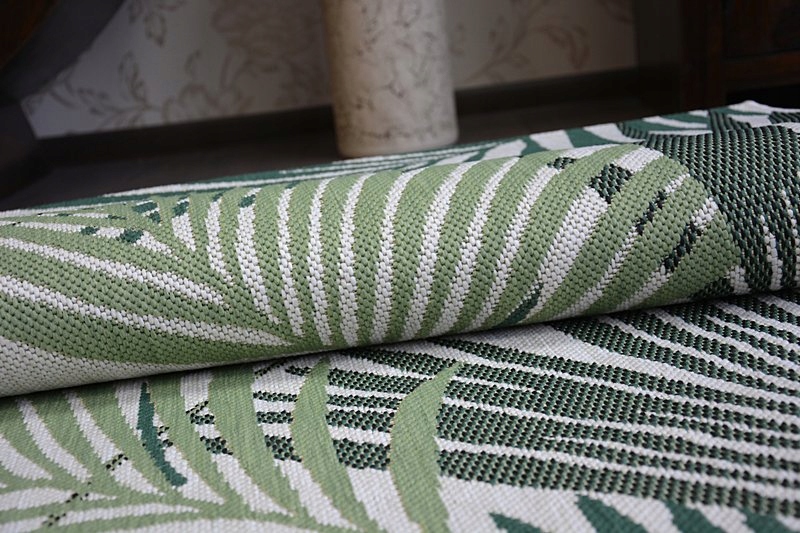 DYWAN PŁASKO TKANY JUTA 160x230 LIŚCIE PALMA #B653 Kolor biały kremowy odcienie zieleni