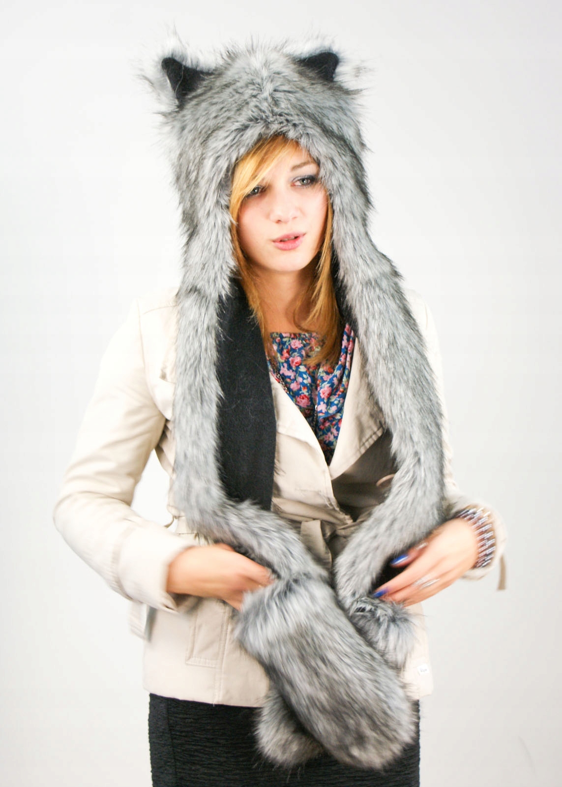 CZAPKA ZIMOWA ZWIERZAK WILK KOMPLET PLUSZOWA S Płeć kobieta