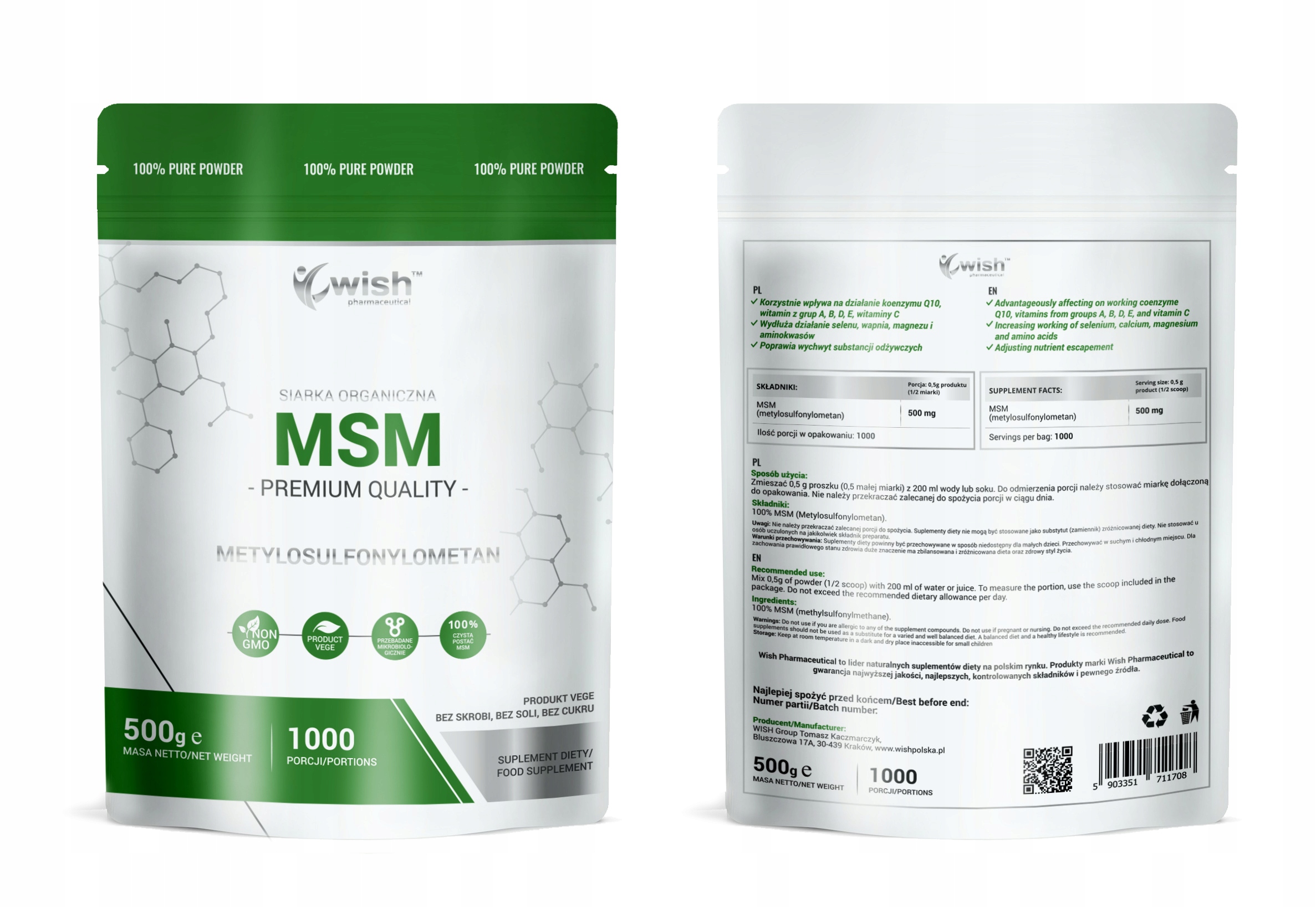 MSM POWDER ORGANIC SULFUR VEGE PRODUCT 500g EAN (GTIN) 5903351711708