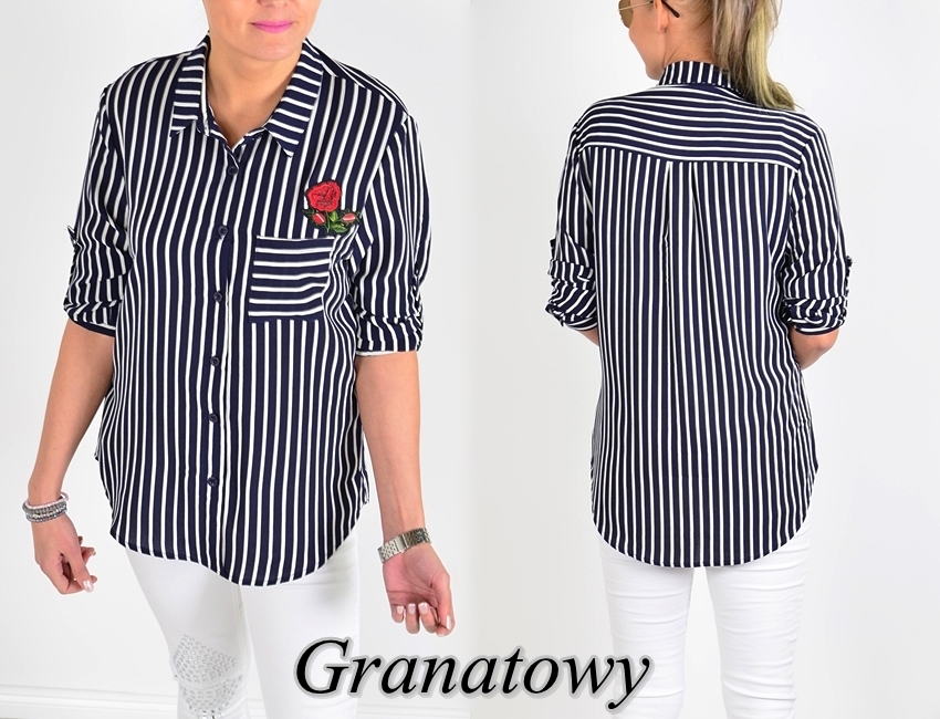648 KOBIECA KOSZULA PASKI PASY NASZYWKA KWIAT Dekolt kołnierzyk
