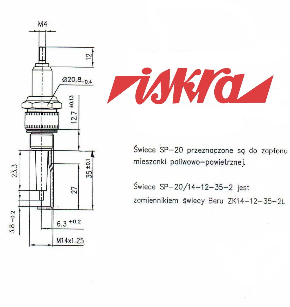 Iskra świeca elektroda SP20 / ZK 14-12-35-2L Numer katalogowy części SP20