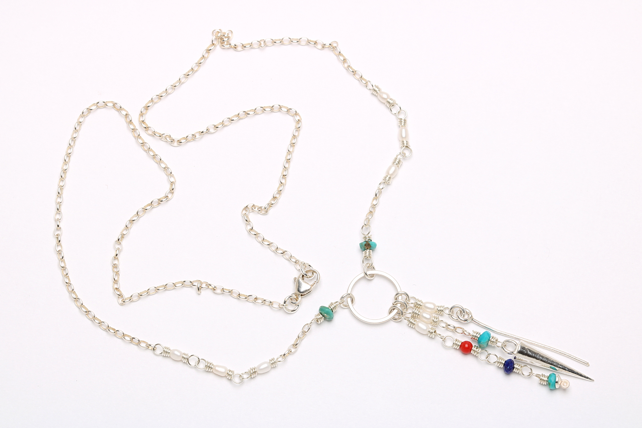 Náhrdelník stříbro 925 perly tyrkysová lapis korál