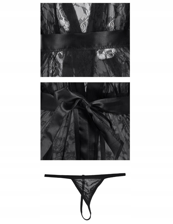 CZARNY SEKSOWNY SZLAFROK SATYNA KORONKA STRINGI GRATIS Materiał dominujący poliester