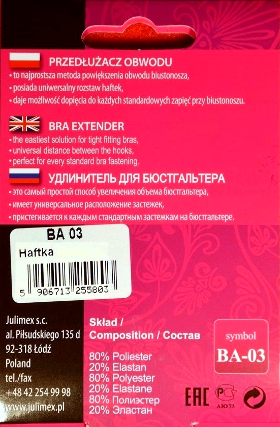 PRZEDŁUŻACZ do BIUSTONOSZA 2 RZĘDOWY CZARNY Kolor wielokolorowy