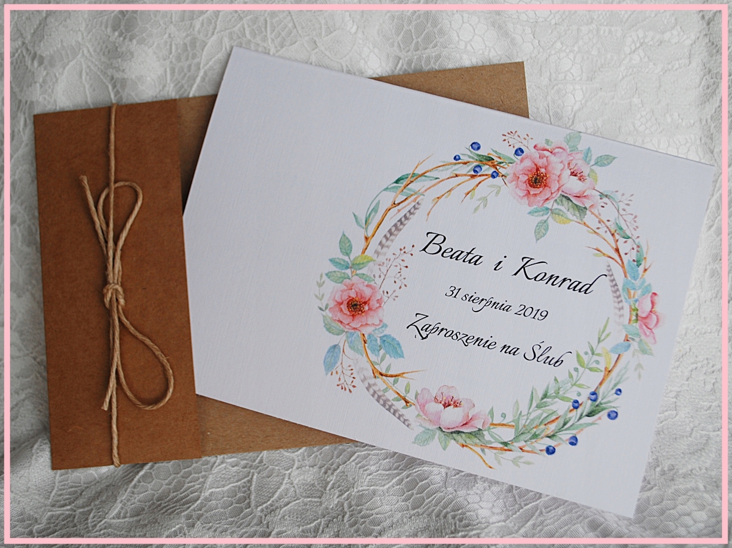 ZAPROSZENIA ŚLUBNE RUSTYKALNE piwonie + KOPERTA Płeć uniseks
