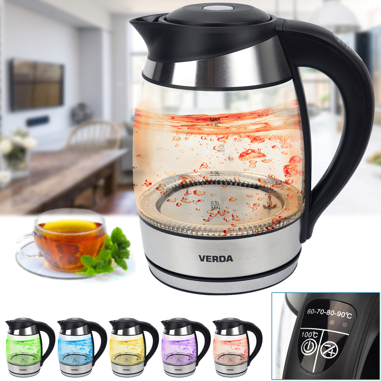 CZAJNIK ELEKTRYCZNY SZKLANY LED REGULACJA TEMPERAT Model SN0618L-3