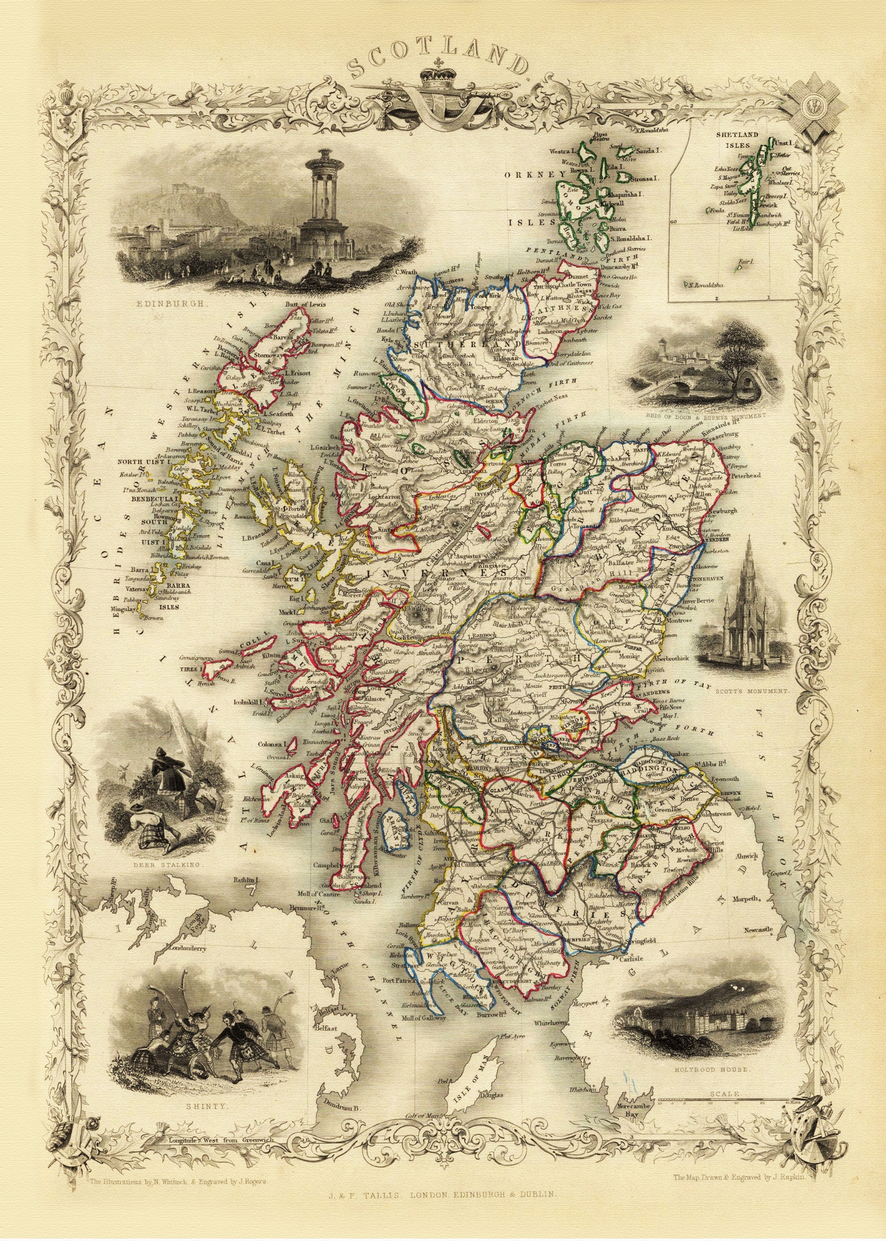 SZKOCJA Edynburg mapa ilustrowana Tallis 1851 r.