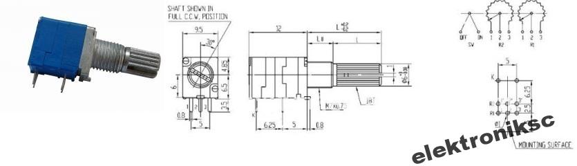 Potencjometr obrotowy 9x11 1K B Ohm wyłącznik CB Producent ElektronikSC