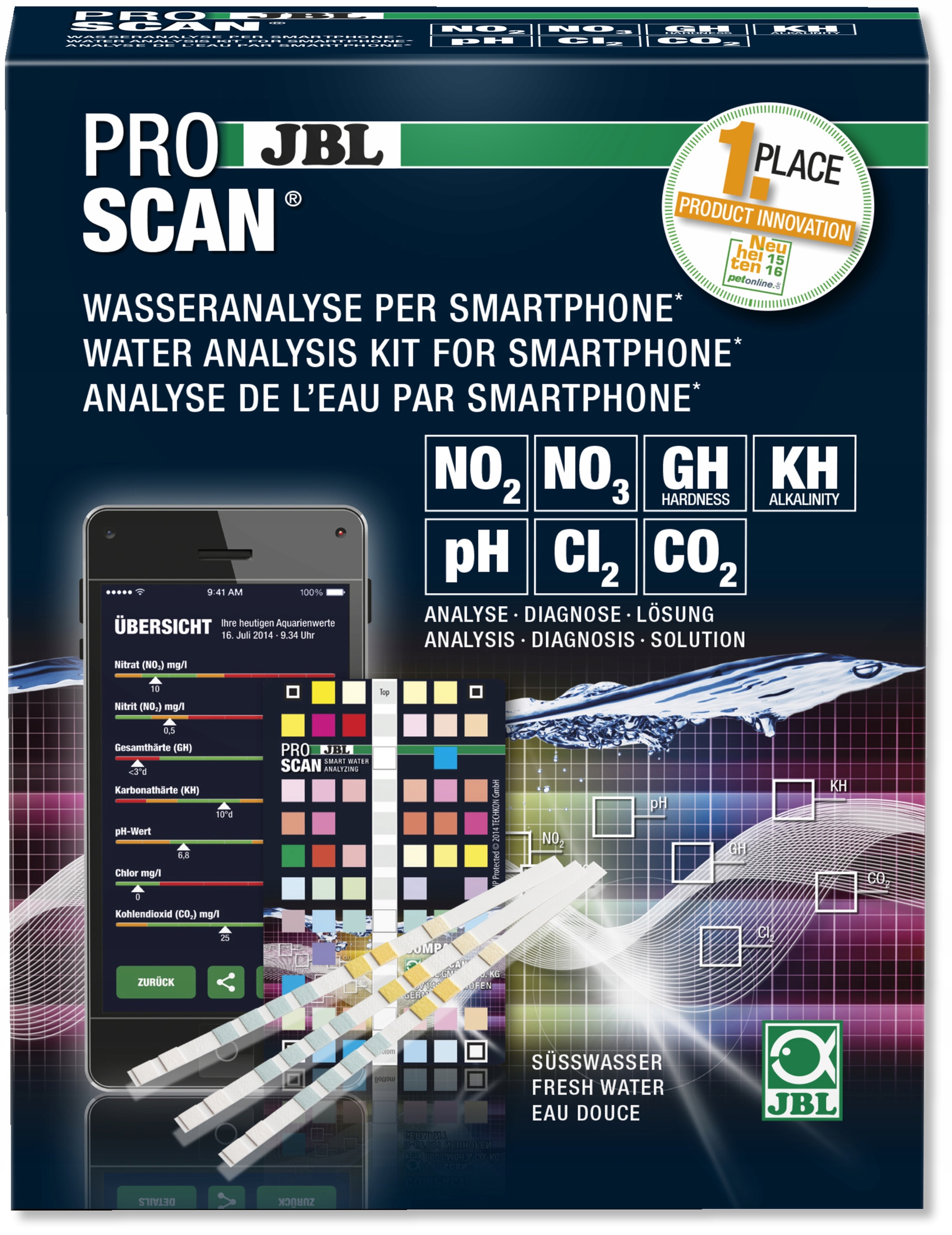 Levně Jbl Proscan Páskový test s analýzou na chytrém telefonu do akvária pH Kh Gh NO2 No