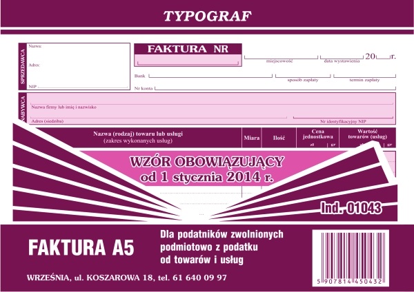 

Faktura dla podatników zwolnionych z podatku Vat