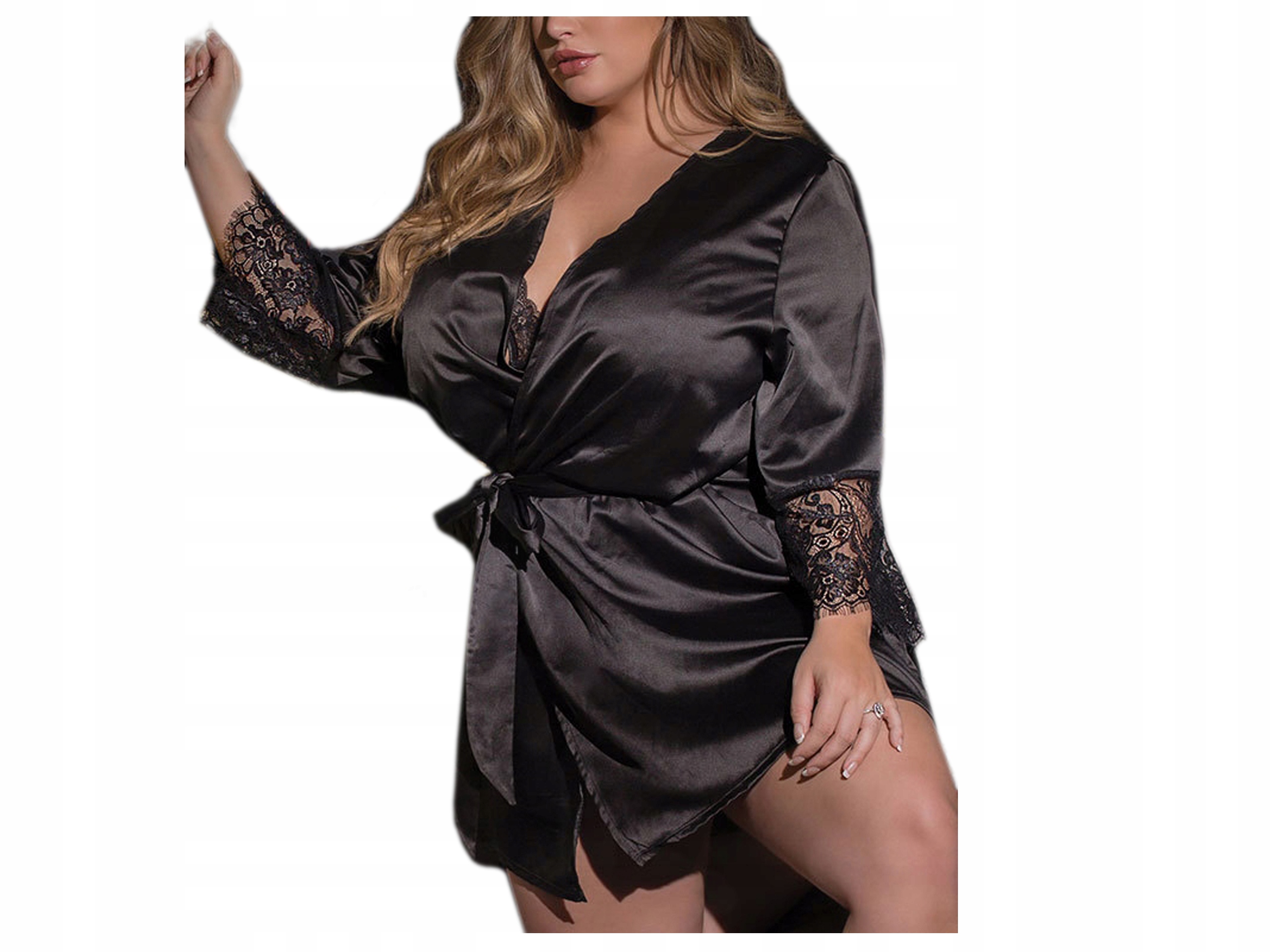 

L/XL Szlafrok satyna czarny Koronka Big size P1741