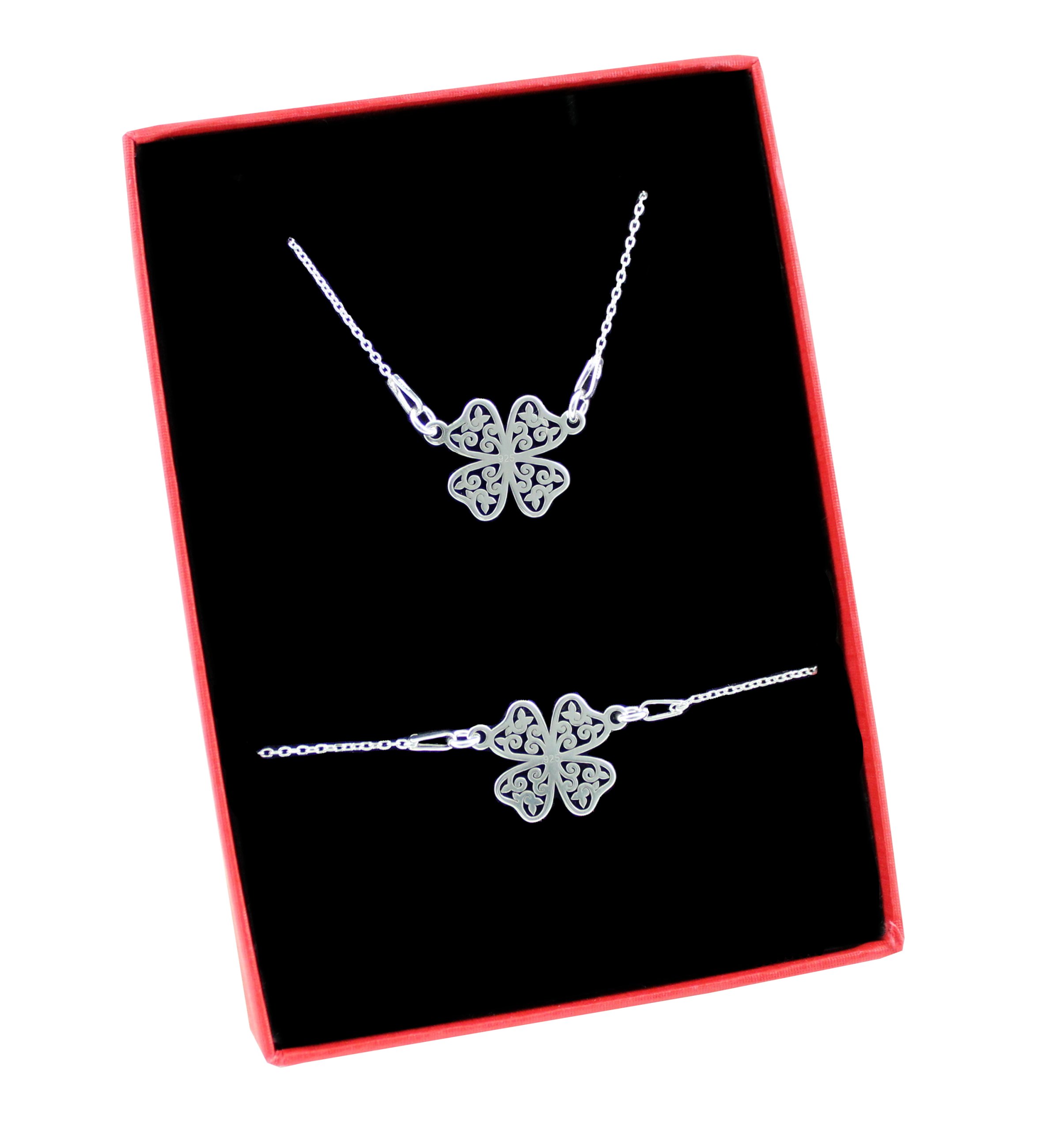 Sada stříbrných šperků s motivem čtyřlístku: Ažurový náhrdelník a náramek, stříbro 925