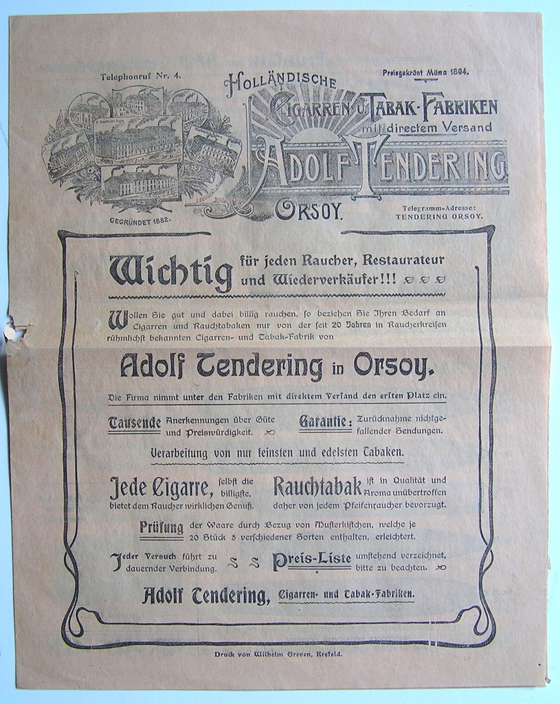 REKLAMÓWKA  FABRYKI CYGAR  -   ORSOY   rok  1894