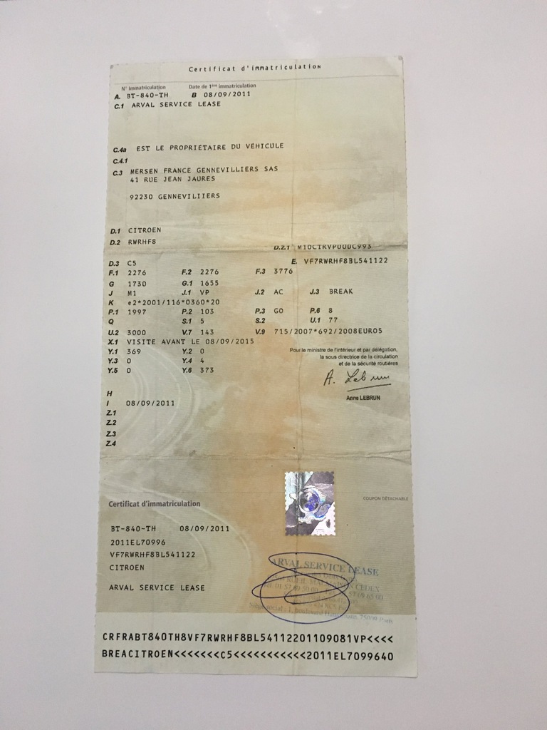 Francuski brief, dowód rejestracyjny Citrien C5