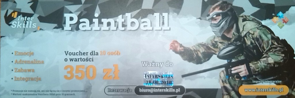 PAITNBALL VOUCHER DLA 10 OSÓB 350 zł INTERSKILLS
