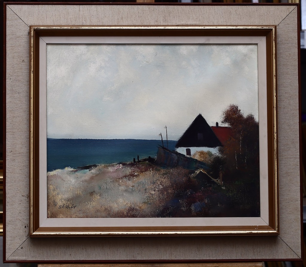 MALTE SARLOV (1907-) - ŁÓDKA W ZATOCE PIĘKNY OBRAZ