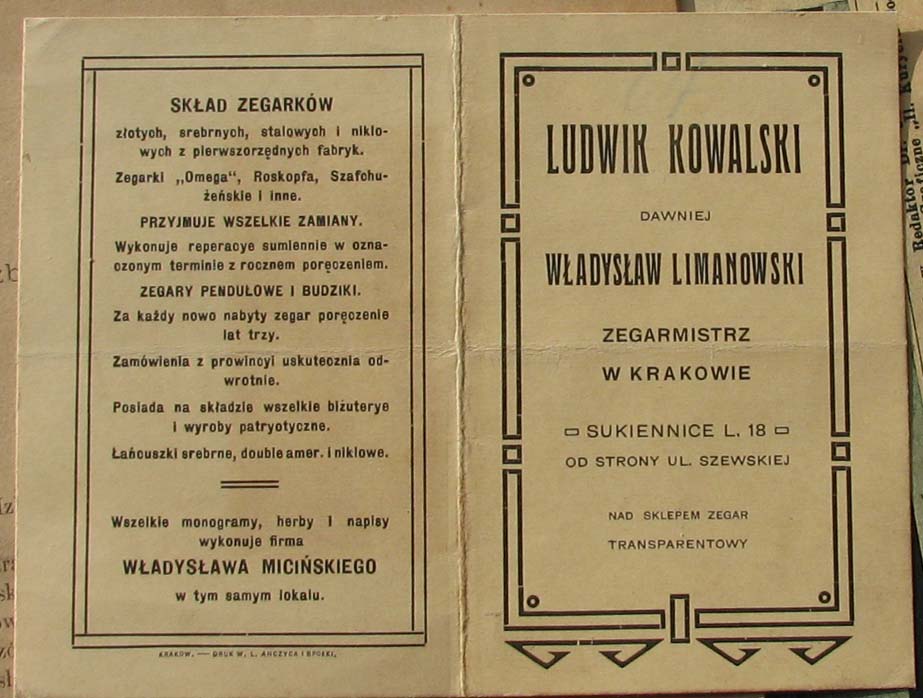 LUDWIK KOWALSKI ZEGARMISTRZ W KRAKOWIE REKLAMA/