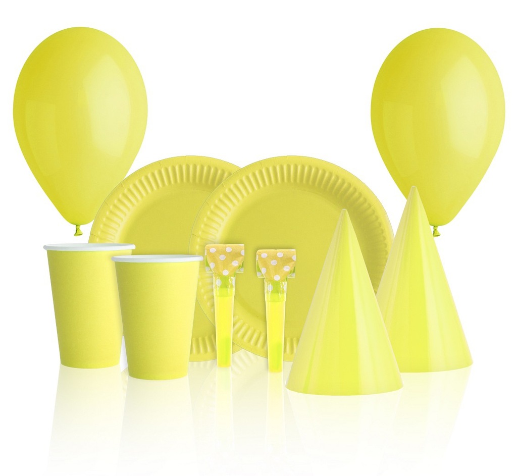 Zestaw talerzyki kubki czapki trąbki balony żółty