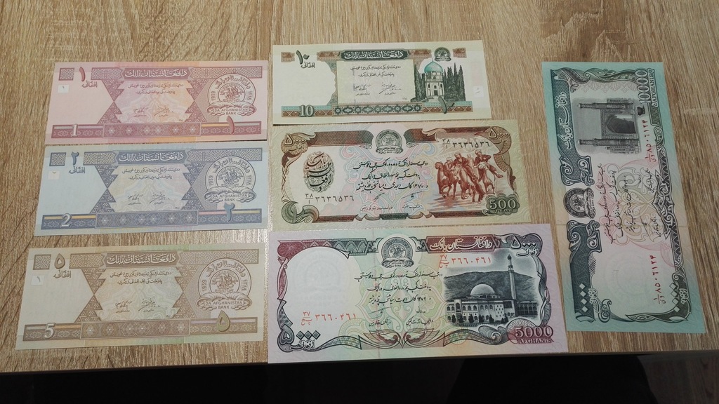 7 banknotów Afganistan ( AFGHANIS ) ZESTAW UNC