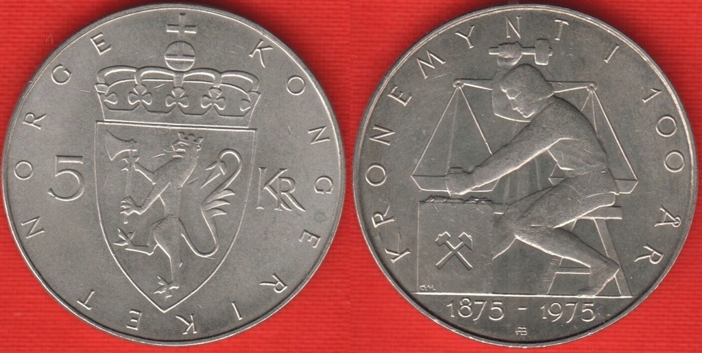 NORWEGIA 5 koron 1975r 100 lat mennicy