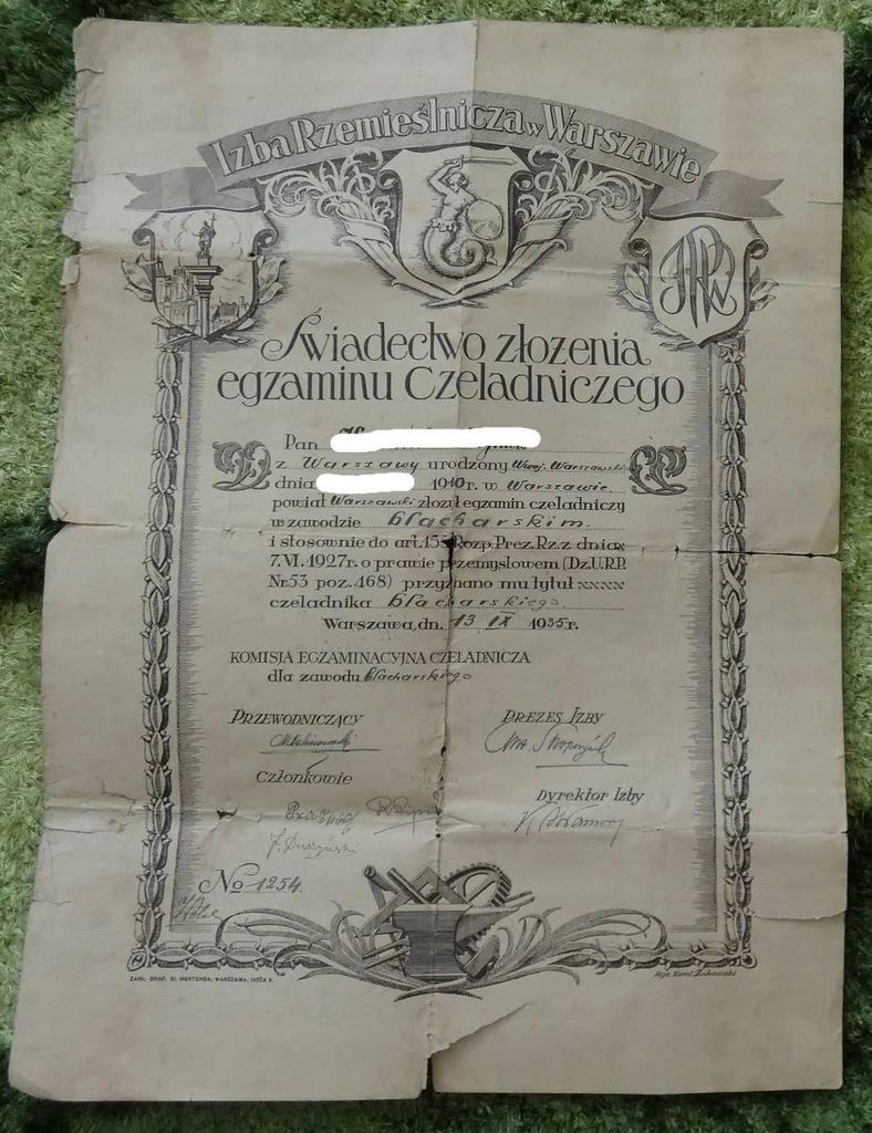 IZBA RZEMIEŚLNICZA W WARSZAWIE świadectwo 1935