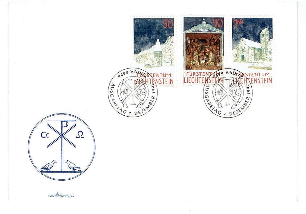 Liechtenstein - Boże Narodzenie 92' Mi.1050-52 FDC
