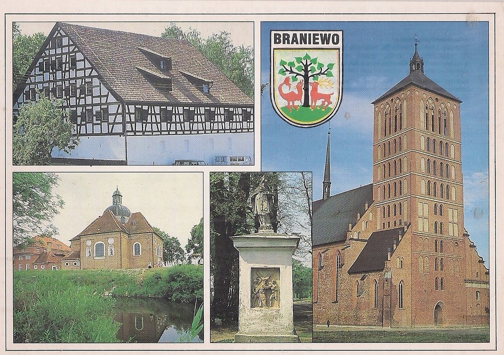 pocztówka BRANIEWO Spichlerz Kościoły HERB