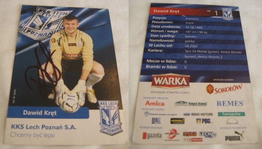 LECH POZNAŃ DAWID KRĘT - ORYGINALNY AUTOGRAF