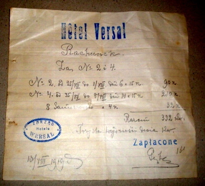 Hotel VERSAL - rachunek hotelowy z 1919r !!!