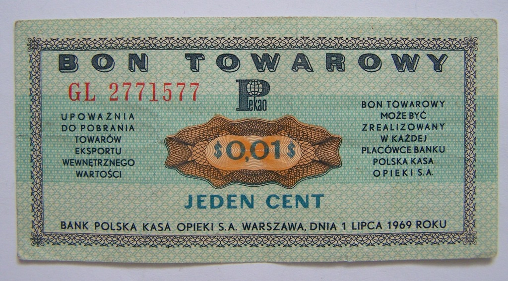 Bon towarowy 1 cent 1969 seria GL stempel kasowy