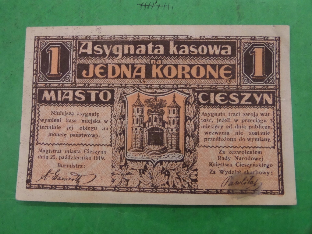 Asygnata Kasowa na 1 korone 1919 Miasto Cieszyn