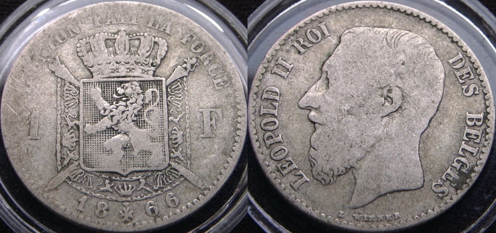 BELGIA 1 FRANK 1866 DES - srebro