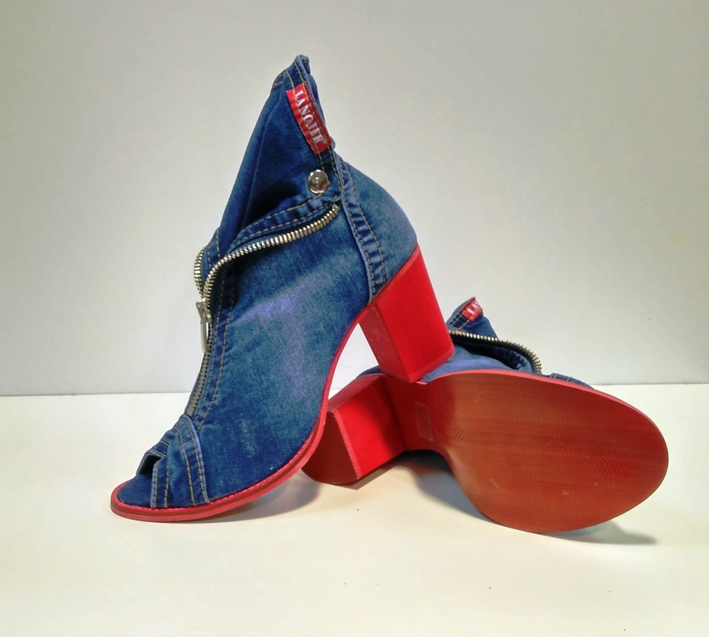 STYLOWE JEANSOWE botki czerwony obcas LANQIER r38