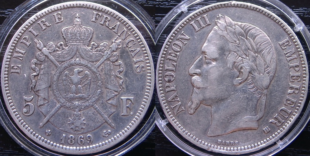 FRANCJA 5 FRANKÓW 1869 BB - srebro, ładne