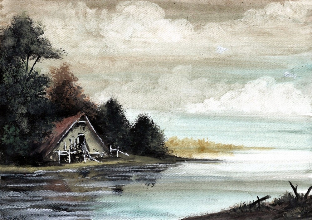 Akwarela &quot;Szałas nad wodą&quot;