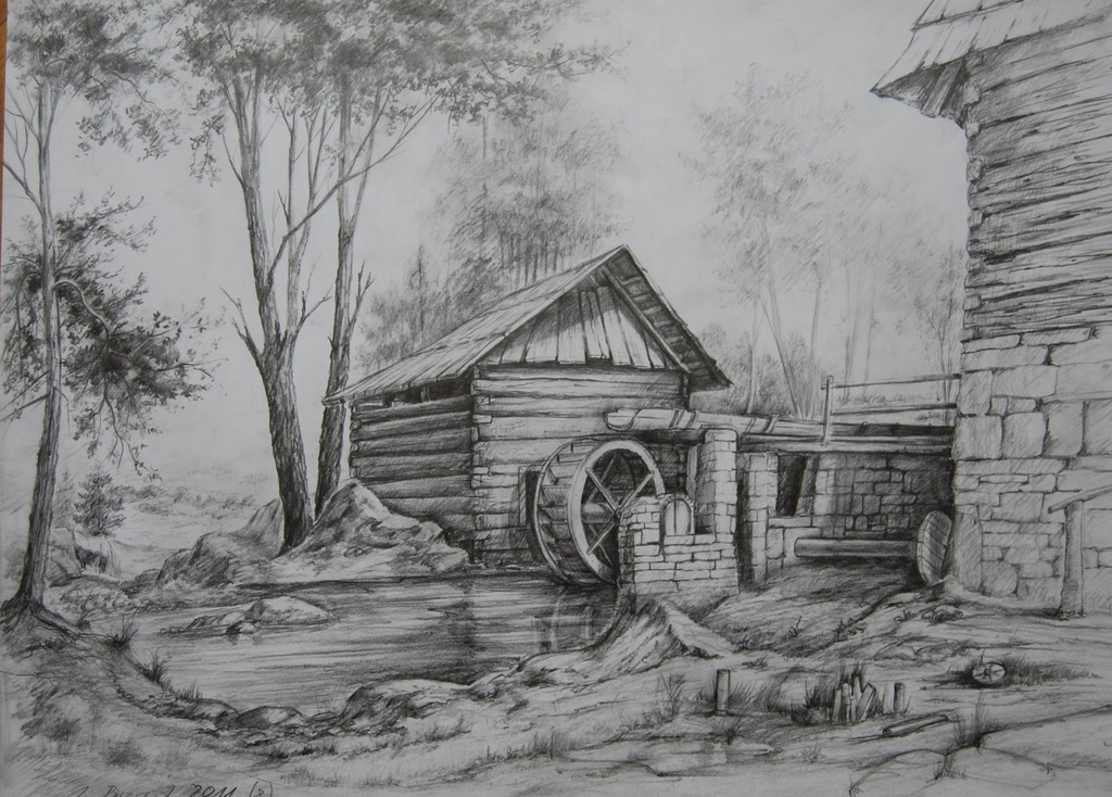 48x65 cm  rysunek ołówkiem -Młyn wodny
