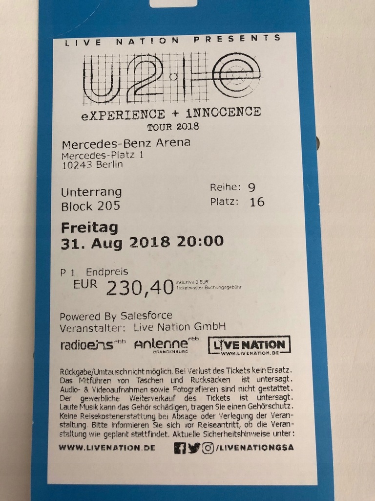BILET NA KONCERT U2 W BERLINIE 31 SIERPIEŃ 2018!!!