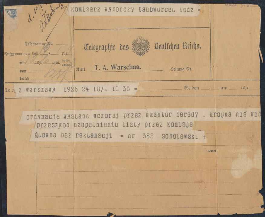 1926 PROWIZORIUM, WARSZAWA, TELEGRAM, WYBORY.