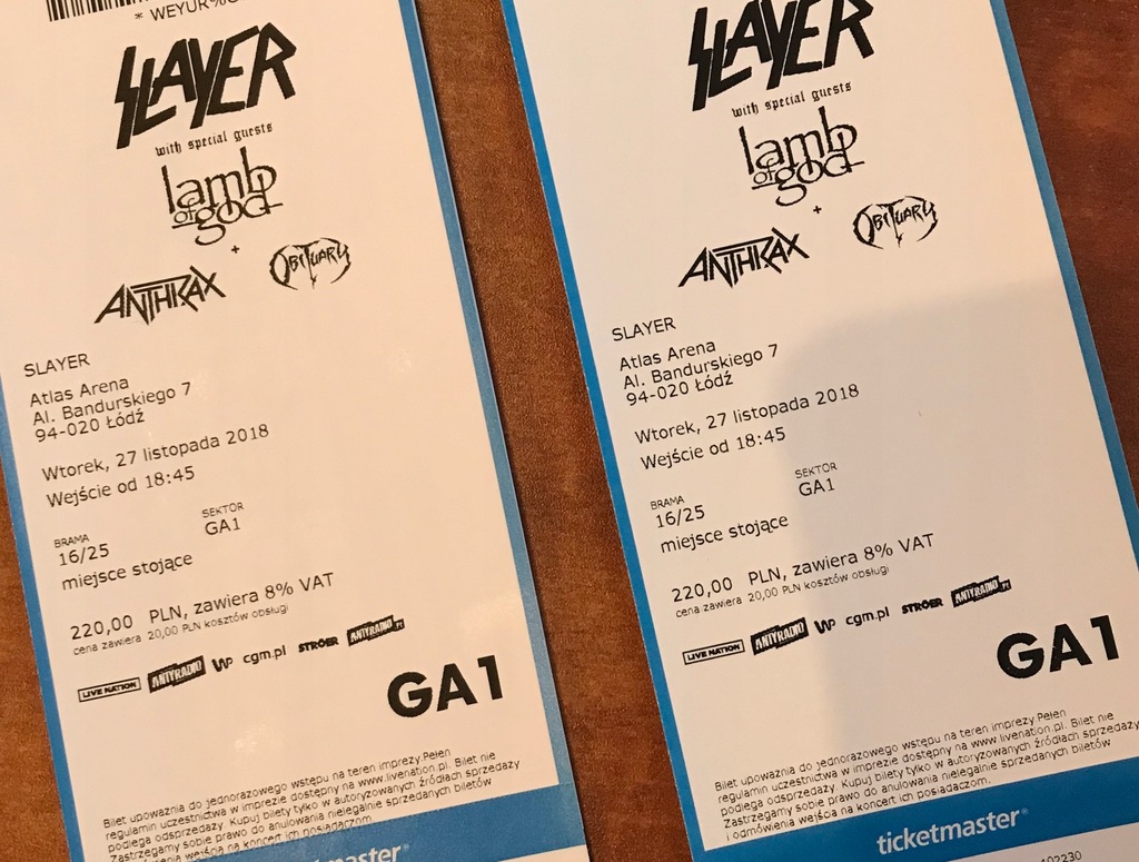 Bilet na koncert Slayer 27.11.2018 Łódź