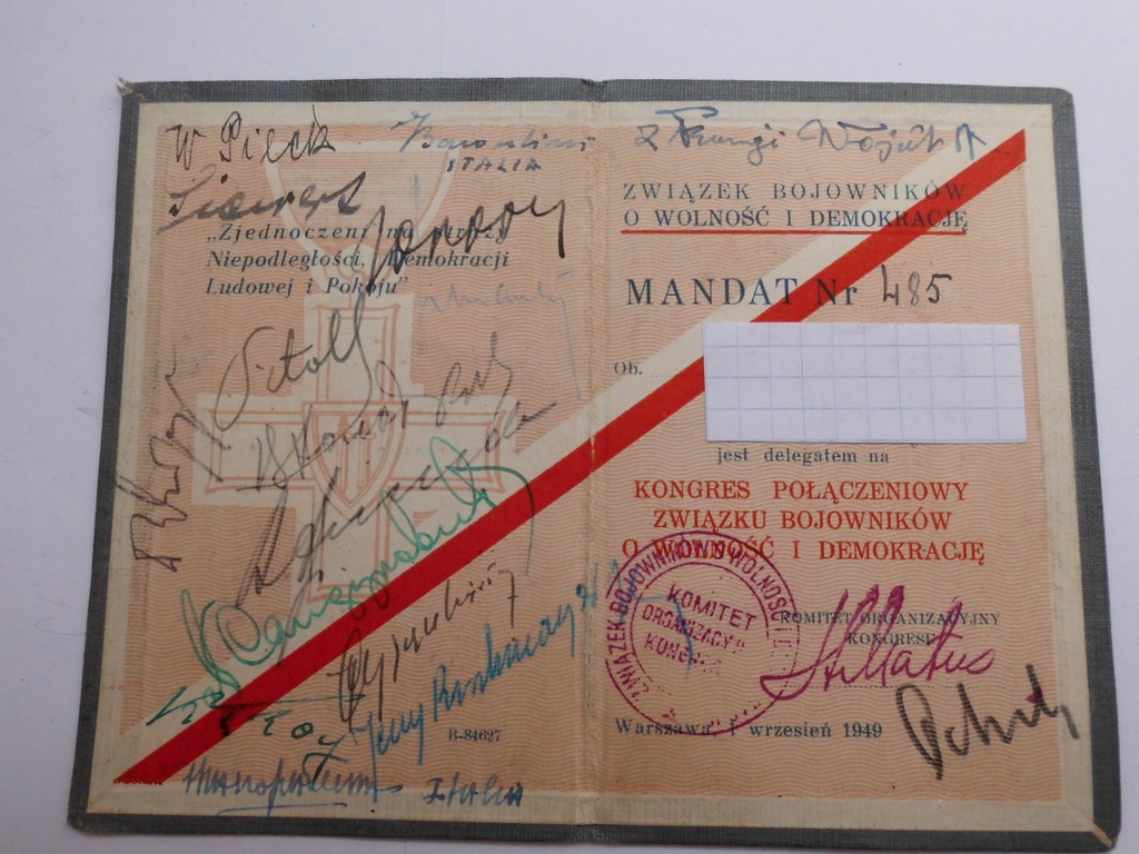 Mandat Na Kongres Związku Bojowników 1.09.1949r